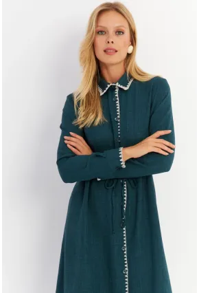 Kadın Yeşil Garnili Gömlek Midi Elbise MASF10