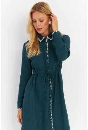 Kadın Yeşil Garnili Gömlek Midi Elbise MASF10