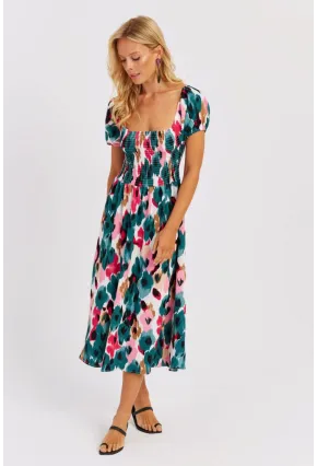 Kadın Yeşil Gipeli Desenli Midi Elbise MON126