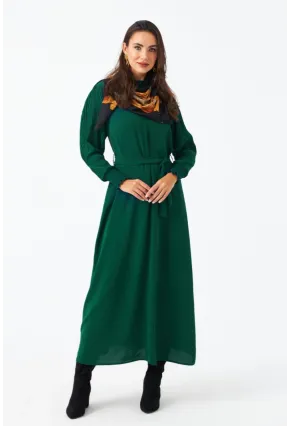 Kadın Yeşil Kolları Pileli Kemerli Maxi Elbise MASF124