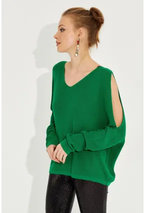Kadın Yeşil Kolu Yırtmaçlı Triko Bluz SMT221