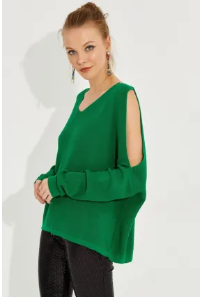 Kadın Yeşil Kolu Yırtmaçlı Triko Bluz SMT221