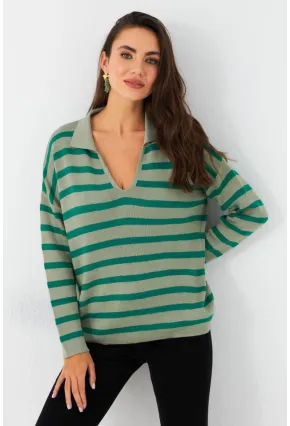 Kadın Yeşil Polo Yaka Çizgili Triko Kazak SE01