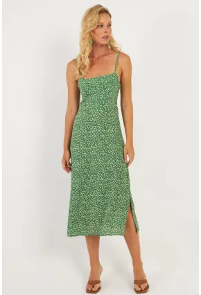 Kadın Yeşil Sırtı Gipeli Desenli Midi Elbise MP427