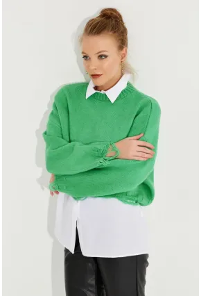 Kadın Yeşil Yırtık Detaylı Triko Kazak KZ2800