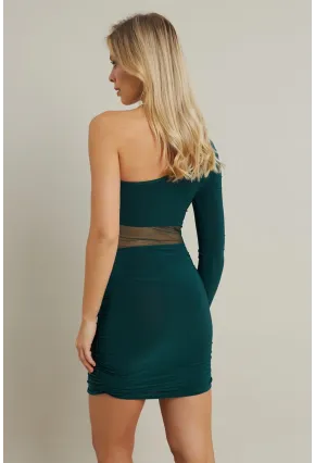 Kadın Zümrüt Yeşil Drapeli Tül Detaylı Mini Elbise ELT3850