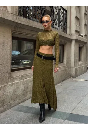 Asimetrik Dantel Kumaş Yeşil Etek