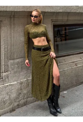 Asimetrik Dantel Kumaş Yeşil Etek