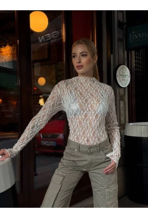 Balıkçı Yaka Bürümcük Beyaz Dantel Bluz