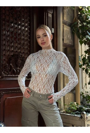 Balıkçı Yaka Bürümcük Beyaz Dantel Bluz
