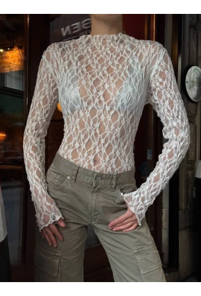 Balıkçı Yaka Bürümcük Beyaz Dantel Bluz