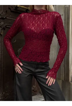 Balıkçı Yaka Bürümcük Bordo Dantel Bluz