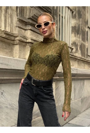 Balıkçı Yaka Bürümcük Yeşil Dantel Bluz