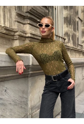 Balıkçı Yaka Bürümcük Yeşil Dantel Bluz