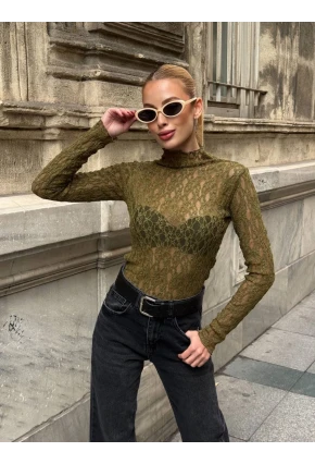 Balıkçı Yaka Bürümcük Yeşil Dantel Bluz