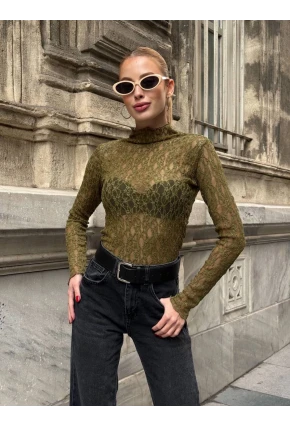 Balıkçı Yaka Bürümcük Yeşil Dantel Bluz