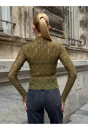 Balıkçı Yaka Bürümcük Yeşil Dantel Bluz