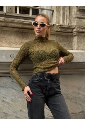 Balıkçı Yaka Bürümcük Yeşil Dantel Bluz