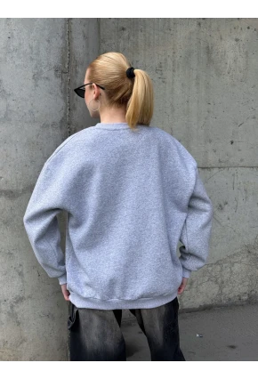 Boston Baskılı Gri Oversize Üç İplik Kadın Sweatshirt