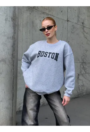 Boston Baskılı Gri Oversize Üç İplik Kadın Sweatshirt
