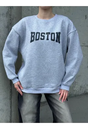 Boston Baskılı Gri Oversize Üç İplik Kadın Sweatshirt