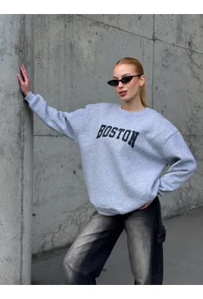 Boston Baskılı Gri Oversize Üç İplik Kadın Sweatshirt