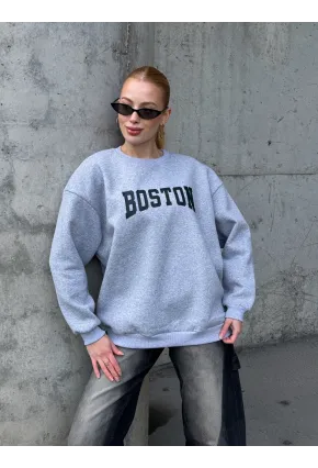 Boston Baskılı Gri Oversize Üç İplik Kadın Sweatshirt