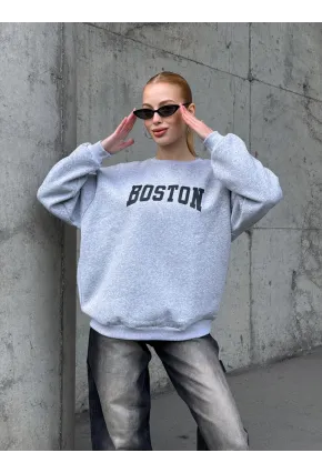 Boston Baskılı Gri Oversize Üç İplik Kadın Sweatshirt
