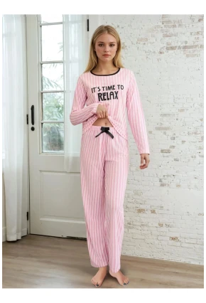 Çizgili Pembe Time To Relax Baskılı Pijama Takımı