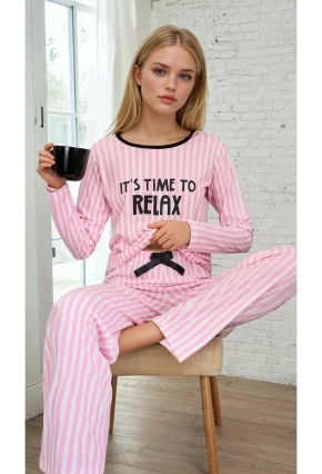 Çizgili Pembe Time To Relax Baskılı Pijama Takımı
