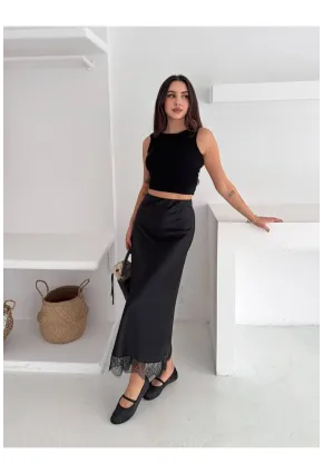 Dantel Detay Saten Uzun Etek
