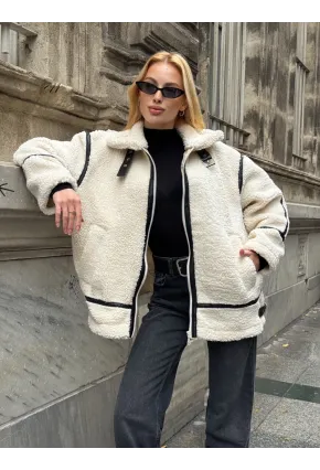 Deri Biyeli Fermuarlı Peluş Mont