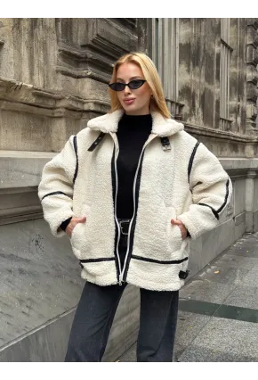 Deri Biyeli Fermuarlı Peluş Mont