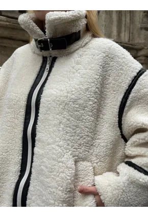 Deri Biyeli Fermuarlı Peluş Mont