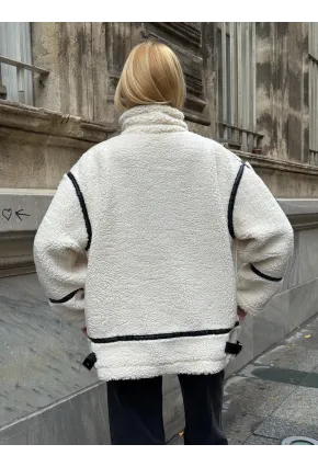 Deri Biyeli Fermuarlı Peluş Mont