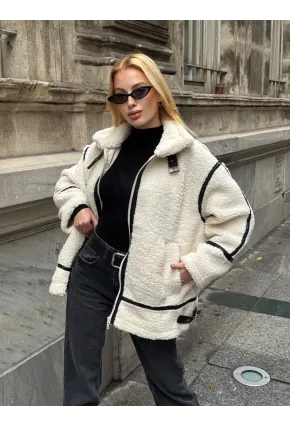 Deri Biyeli Fermuarlı Peluş Mont