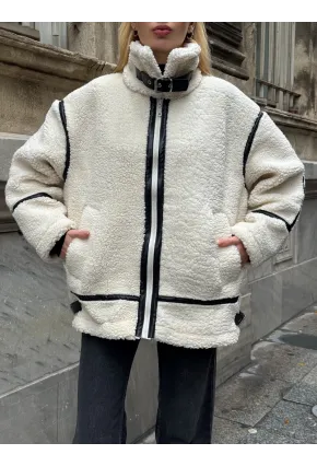 Deri Biyeli Fermuarlı Peluş Mont
