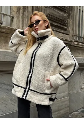 Deri Biyeli Fermuarlı Peluş Mont