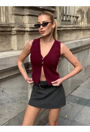 Düğmeli Yelek Model Crop Bluz Bordo