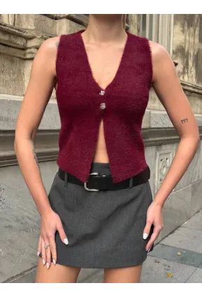 Düğmeli Yelek Model Crop Bluz Bordo