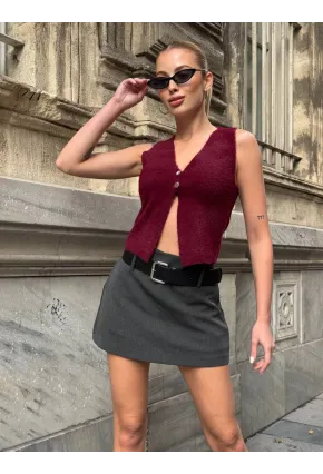 Düğmeli Yelek Model Crop Bluz Bordo