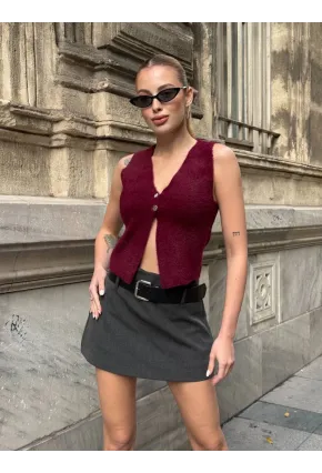 Düğmeli Yelek Model Crop Bluz Bordo