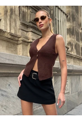 Düğmeli Yelek Model Crop Bluz Kahverengi