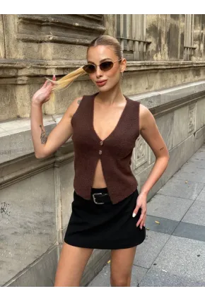 Düğmeli Yelek Model Crop Bluz Kahverengi