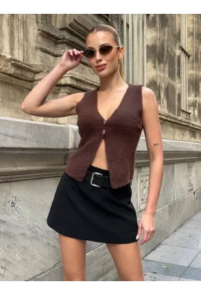 Düğmeli Yelek Model Crop Bluz Kahverengi