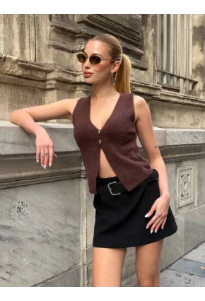 Düğmeli Yelek Model Crop Bluz Kahverengi