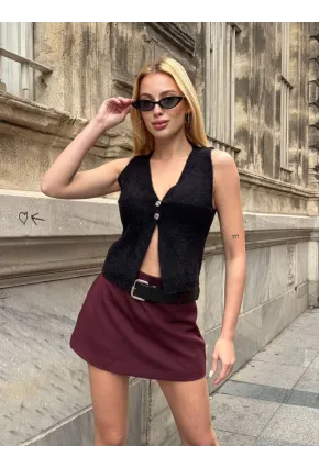 Düğmeli Yelek Model Crop Bluz Siyah