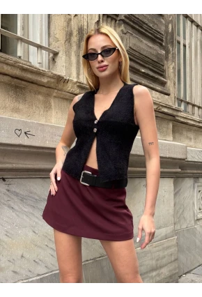 Düğmeli Yelek Model Crop Bluz Siyah