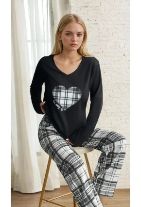 Ekose Desen Alt Kalp Baskılı Pijama Takımı