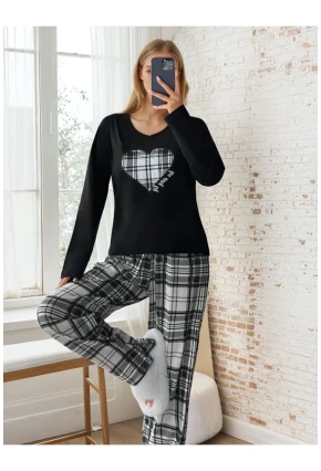 Ekose Desen Alt Kalp Baskılı Pijama Takımı